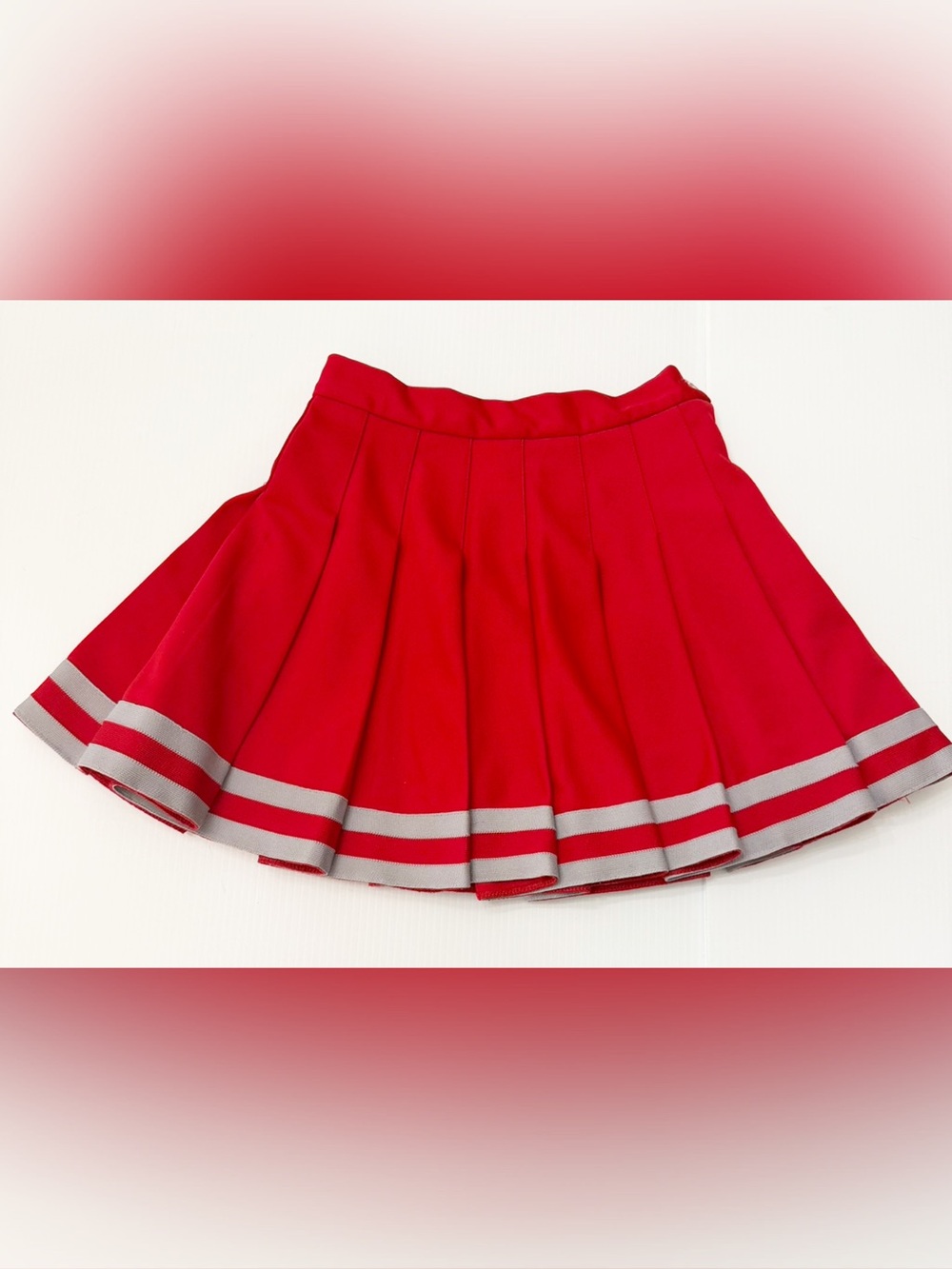 Vintage Pleated Red Cheerleader Mini Skirt with Gray Stripe Trim